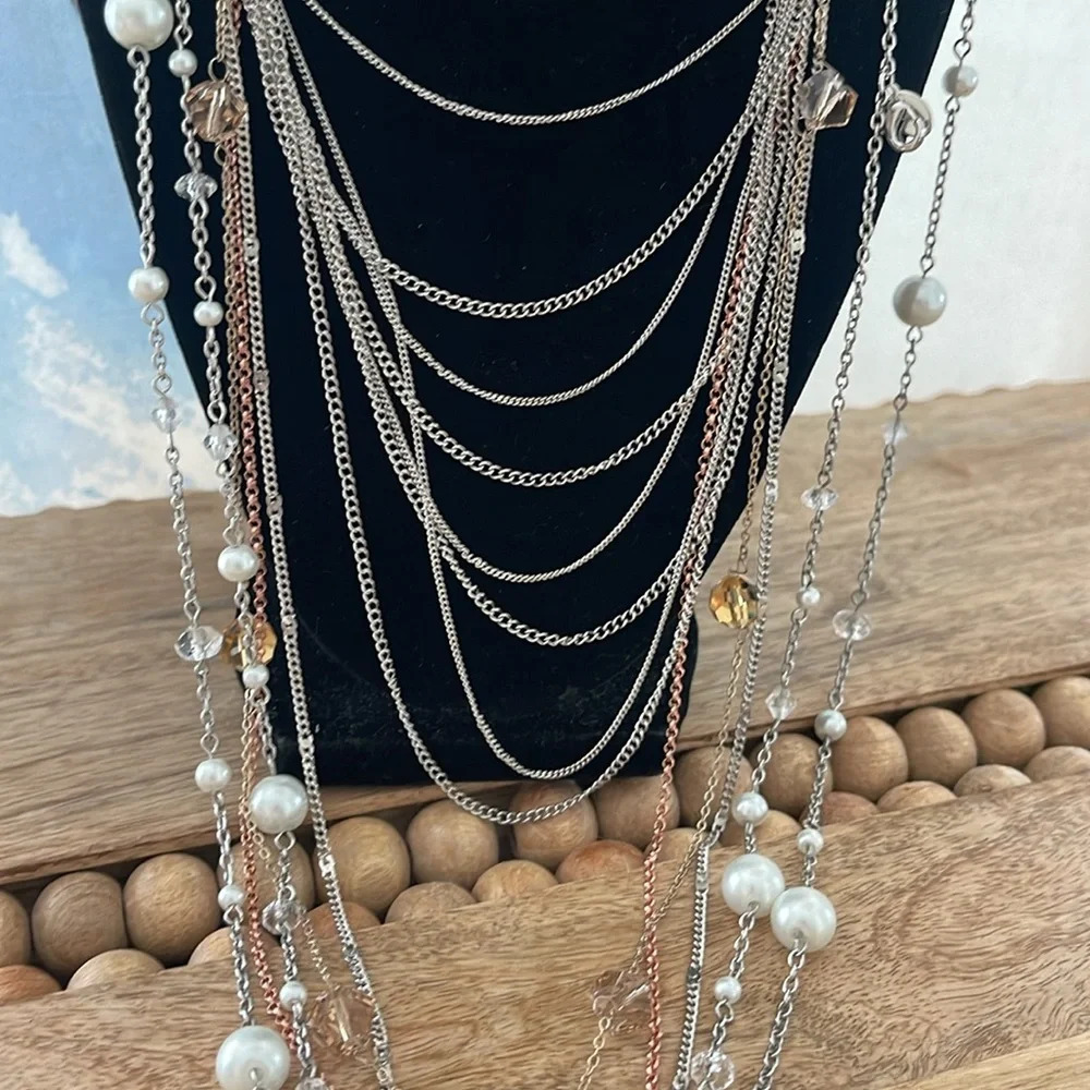 3 Express necklace bundle multi strand silver Rose beaded pendants long chain